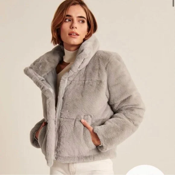 Abercrombie & Fitch Soft Gray Faux Fur Mini Puffer Jacket - Picture 1 of 7